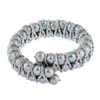 Hand Braided Sterling Silver Pearl Bangle