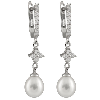 CZ Accented Lustuous White Pearl Earrings