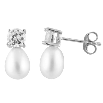 Dangling Silver CZ Pearl Studs