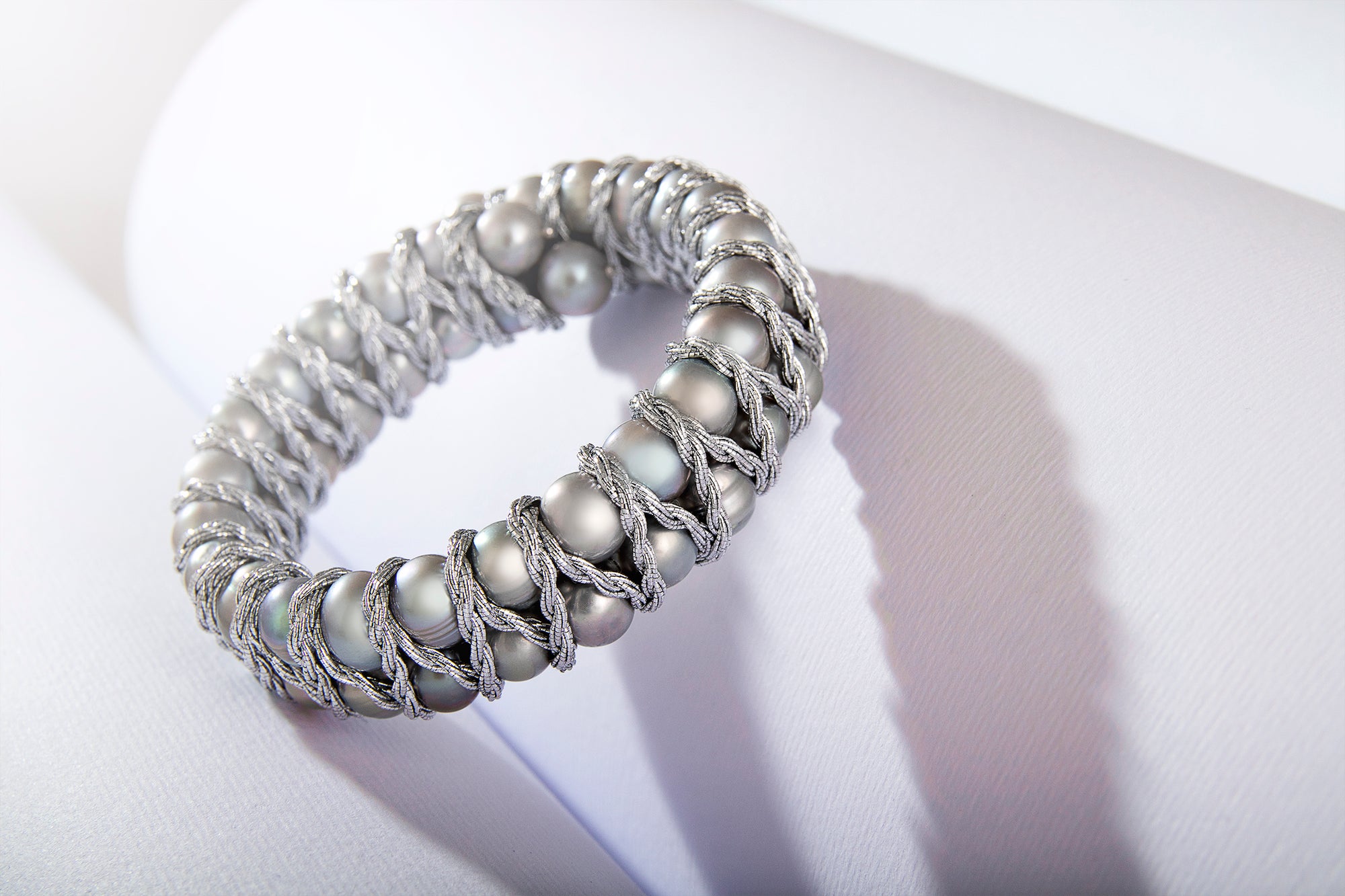 Hand Braided Sterling Silver Pearl Bangle