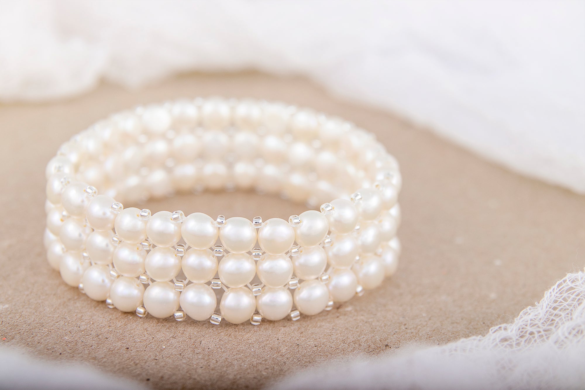 Beautiful Knitted Triple Row Pearl Bracelet