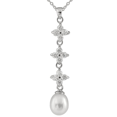 Triple CZ Stationed Pearl Pendant in Sterling Silver